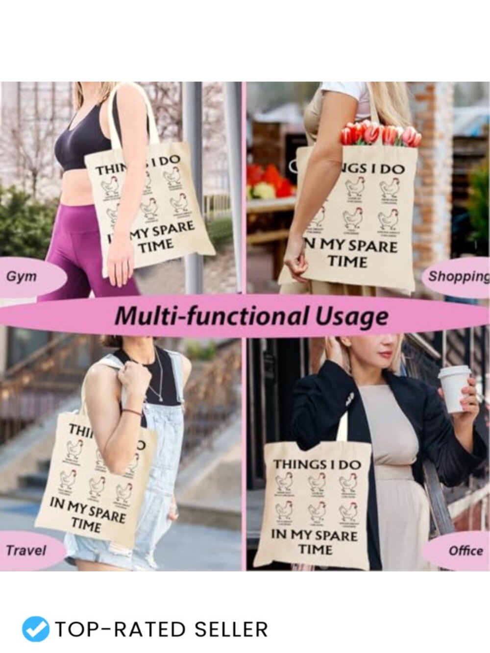 Funny Chicken Canvas Tote Bag Weekender Beach Bag for Women Gift - Picture 4 of 5